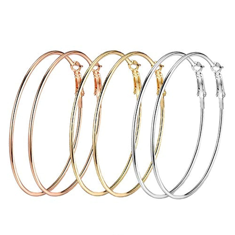Yellow Chimes Combo of 3 Pairs Big Hoop Earrings Silver Gold Rose Gold Stainless Steel Ear rings for Women and Girls