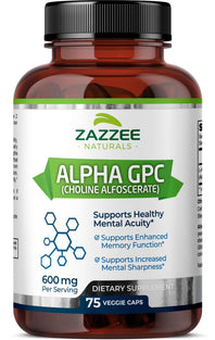 Zazzee Alpha GPC Choline 600 mg per Serving, 75 Count, Vegan, Support for Overall Brain Function, Memory, Focus and Concentration