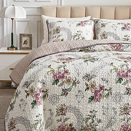 Flysheep 3 Pieces Quilt Set King Size, Beige Floral Reversible Bedspread Coverlet Set, Soft Microfiber Lightweight Bed Cover for All Season (102" x 90", 1 Quilt+ 2 Pillow Shams)