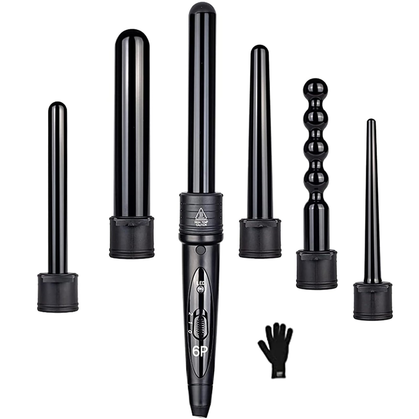 Beauenty Curling Wand Set,6 in 1 Hair Curler with 6 Interchangeable Curling Wand Ceramic Barrel(9-32mm), with LED & Temperature Adjustment and Heat Up, Hair Curler Include Heat Resistant Glove (A)