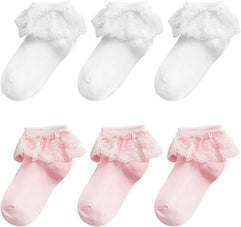 NALACAL 6 Pairs Girls Frilly Socks, Fancy Lace Cotton Ankle Socks Girls Lace Socks, School Lace Socks, White Princess Dance Dress Socks for Age 5-8