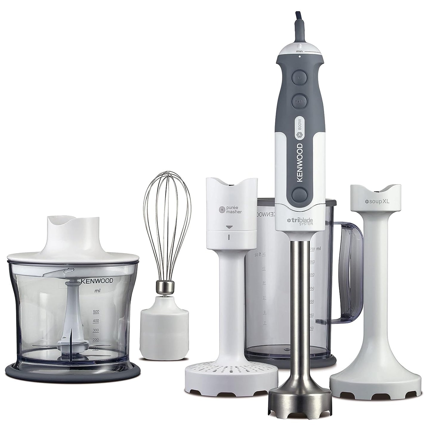 Kenwood Hand Blender 800W With 500Ml Chopper, 750Ml Beaker, Whisk, Puree/Masher, Soup XL, Stainless Steel Wand, Triblade Technology Hdp406Wh White/Grey