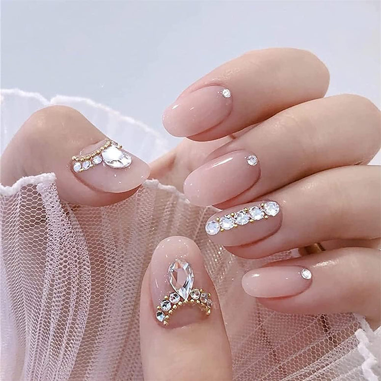 ELECDON Press on Nails Short with Rhinestone, 24 Pcs French Tip Fake Coffin Nails, Ballerina False Nails, Natural Manicure Press on Fake Nails, Acrylic Nails Glue on Nails for Women and Girls