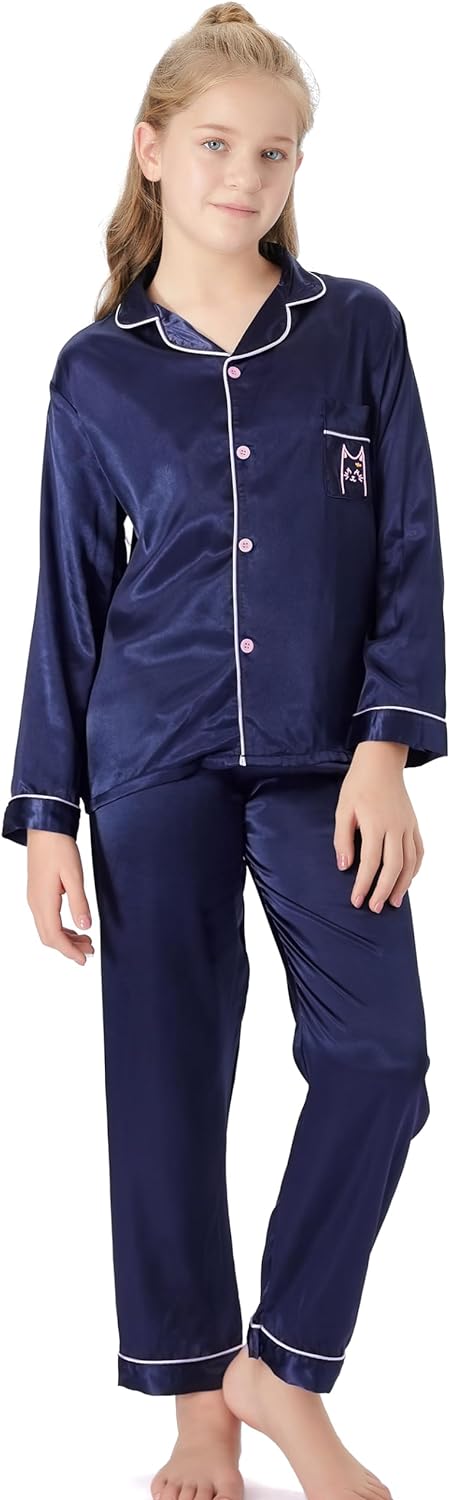 Satin Pajamas for Girls – Coat Style Unicorn Long Sleeve Silk Button Down PJ Set Size 6-16