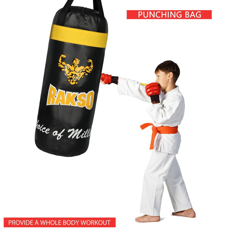 Rakso Boxing Yellow Black Kit Set for Joiner Kids Boxing Gloves with Boxing Head Guard with Punching Bag for Kids 3 to 10 Years Kids