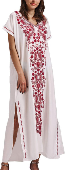 YouKD Embroidered Kaftan Dress Boho Beach Bikini Cover Up Robe Plus Size Loungewear for Women