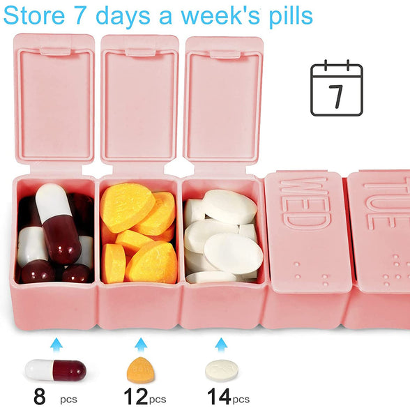 Xspring 2 Pack Weekly Pill Organizer, 7 Day Mini Medicine Organizer for Vitamin, Dustproof and Moisture Proof Daily Pill Box Organizer, Travel Pill Organizer to Hold Vitamins, Medication and Fish Oil