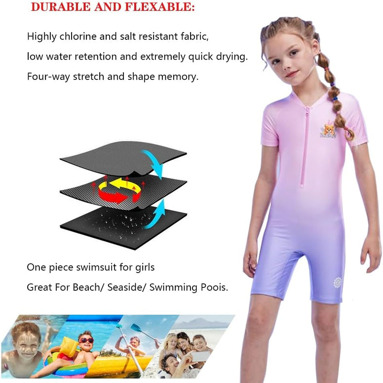 karrack Girls Long Sleeved One Piece Rash Guard Swimsuit Kid Water Sport Short Swimsuit UPF 50+ Sun Protection Bathing Suits