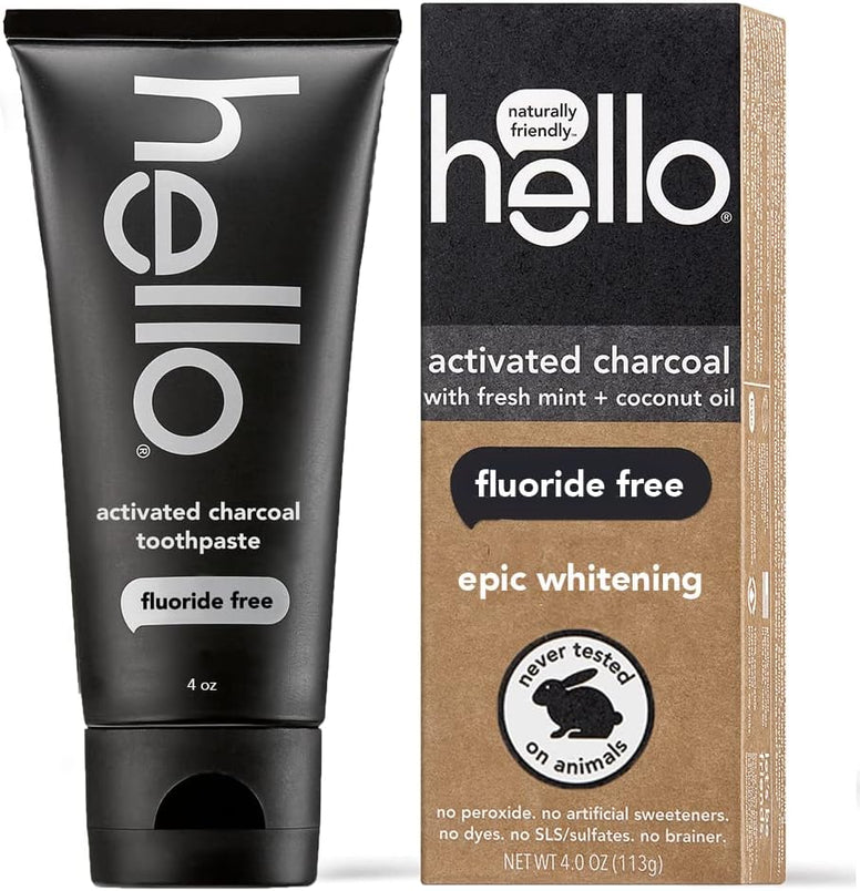 Hello Oral Care Activated Charcoal Teeth Whitening Fluoride Free and SLS Free Toothpaste, 4 Ounce (Pack of 1)