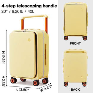 O9 O-Nine Carry On Luggage Wide Handle Luxury Design Rolling Travel Suitcase PC Hardside with Aluminum Frame Hollow Spinner Wheels, with Cover, 20 inch, Lark Yellow