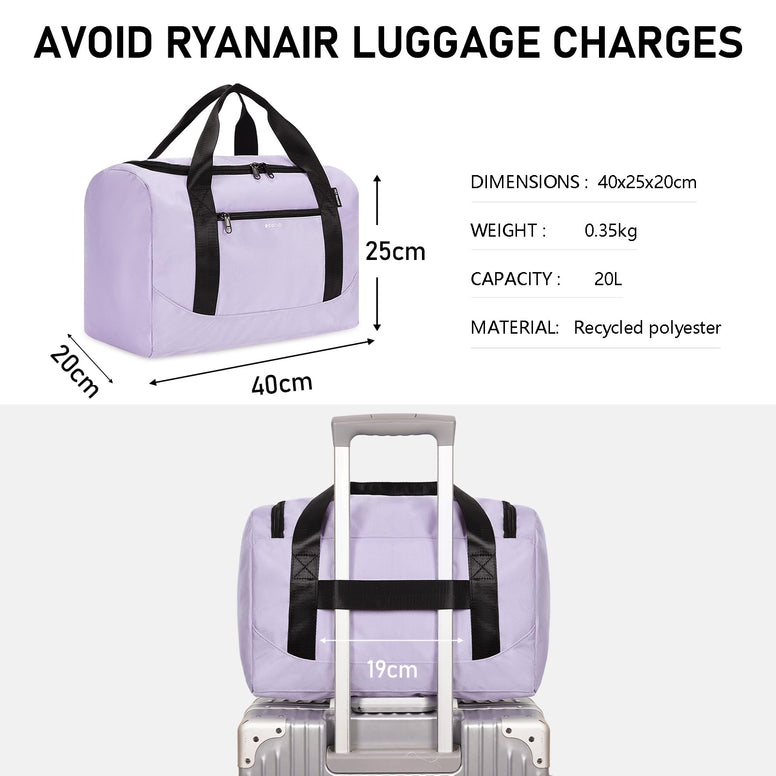 ECOHUB Ryanair Cabin Bags 40x20x25 Underseat Cabin Bag Travel Hand Luggage Bag Holdall Bag Carry on Bag Overnight for Women and Men Weekend Bag Hospital Bag Recycled PET Eco Friendly (Light Purple),