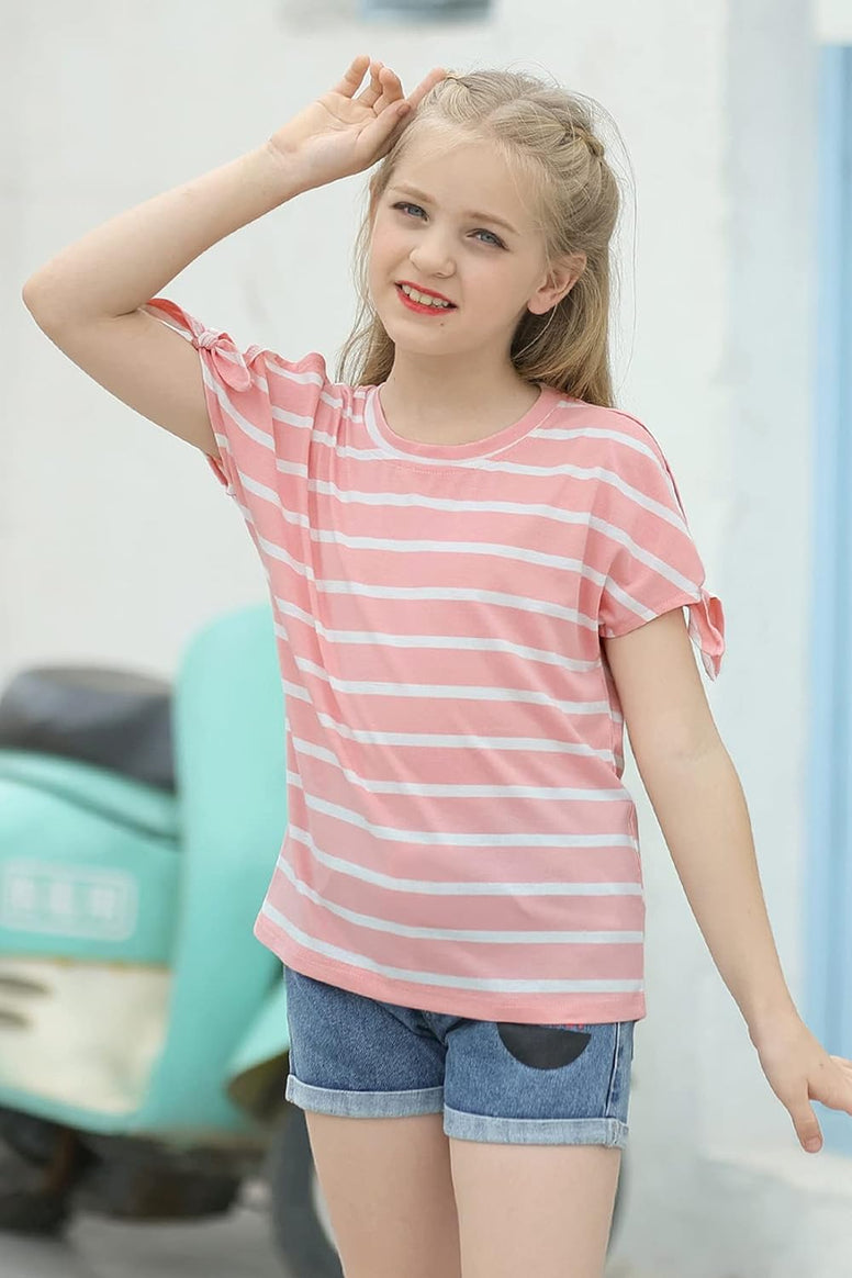 GORLYA Girl's Cut Slit Sleeve Tie knot Cuff Stripe Tunic T-shirt Casual Pullover Top for 4-14T Kids