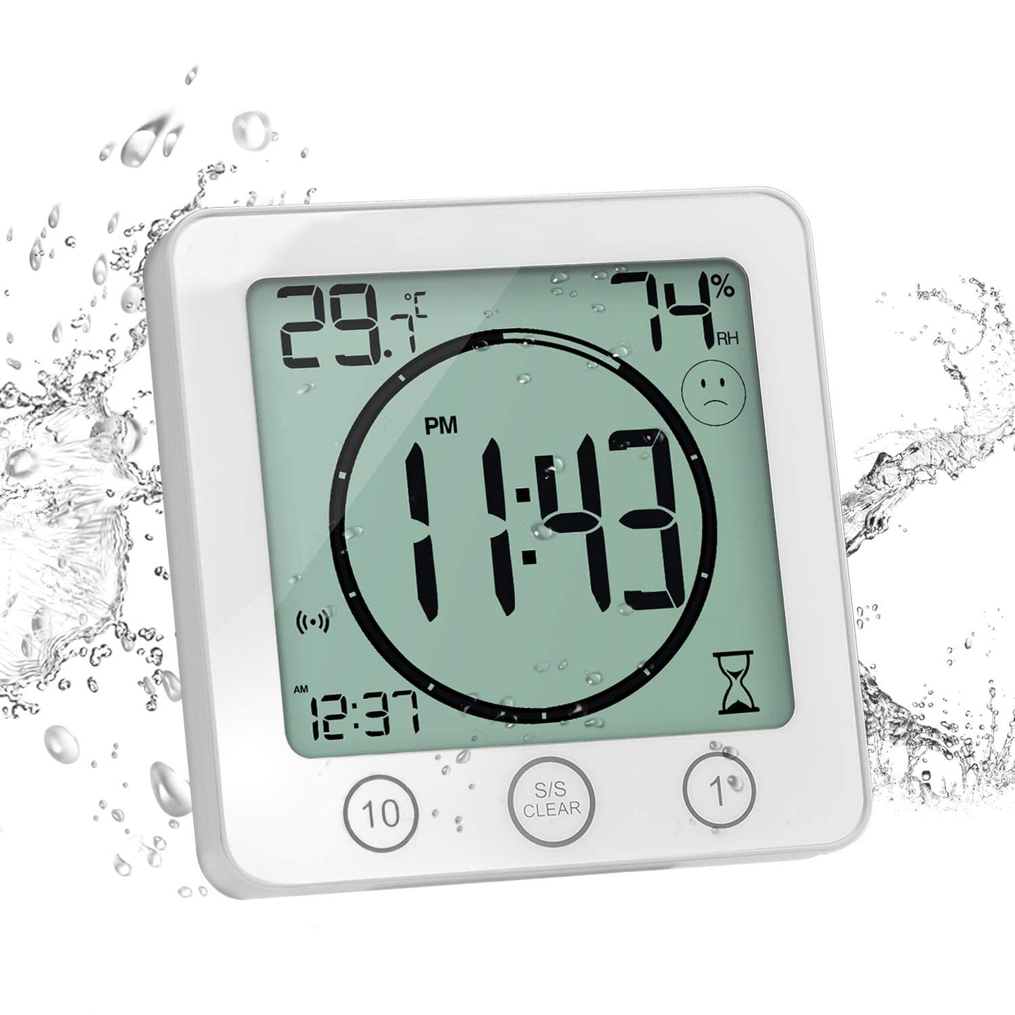 Bathroom Clock with Thermometer Hygrometer, Digital Temperature Humidity Meter Gauge Monitor Shower Timer with Alarm for Bathroom Kitchen（White）