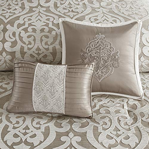 Madison Park Odette Cozy Comforter Set Jacquard Damask Medallion Design - Modern All Season, Down Alternative Bedding, Shams, Decorative Pillow, King(104 in x 92 in), Tan 8 Piece