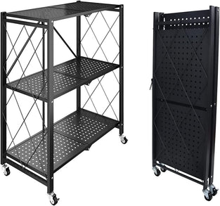 Arabest Foldable Standing Shelf,Units Storage Rack,Metal Heavy Duty Storage Shelf with Wheels, No Need Install Storage Rack (Black, 3-tier)