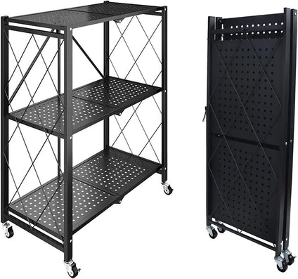 Arabest Foldable Standing Shelf,Units Storage Rack,Metal Heavy Duty Storage Shelf with Wheels, No Need Install Storage Rack (Black, 3-tier)