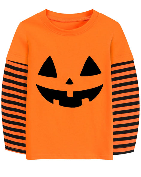 DHASIUE Halloween Shirt for Toddler Boy Girl Pumpkin Skeleton Ghost Dino Trucks Stripe Long Sleeve Tops for Kids 2-7 Years