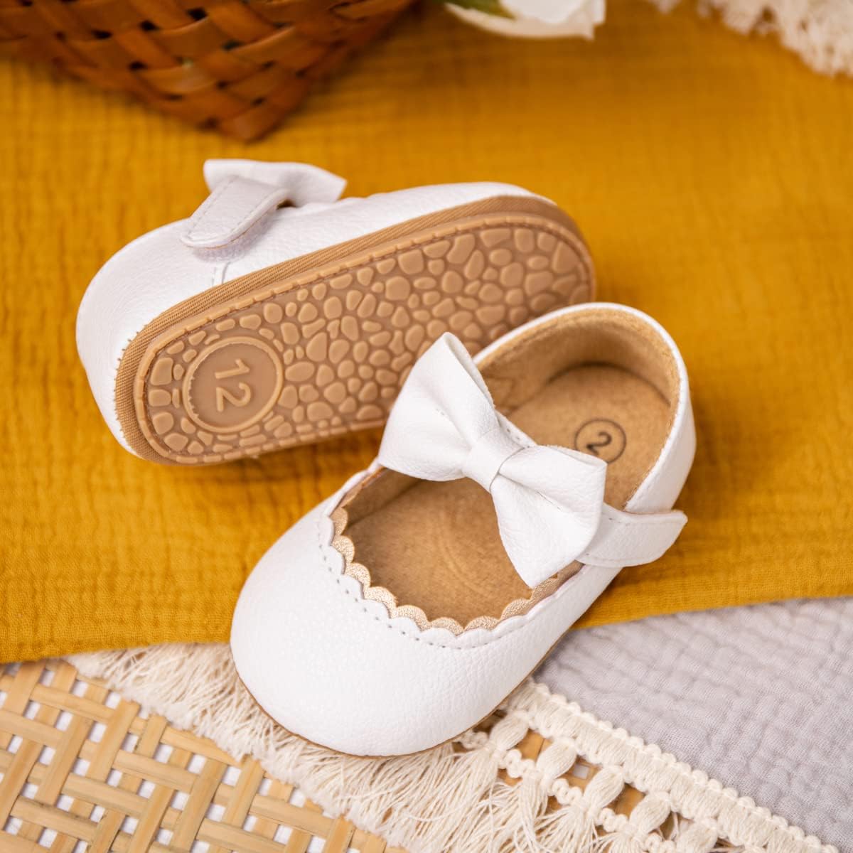 Bellocasa Baby Mary Jane Flats for Girls with Bowknot Cotton Anti Skid Sole Infant First Walker Princess Dress Crib Wedding Shoes, for 6 Months baby