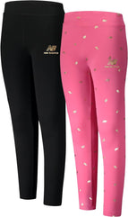 New Balance Girls' Active Leggings - 2 Pack Full Length Performance Yoga Pants (Little Girl/Big Girl), Size 7/8, Logo Pink/Black