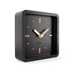 Driini Modern Mid Century Desk & Shelf Clock (Black Rose Gold) - Small Battery Operated and Silent Analog Tabletop Clocks for Living Room Decor – Ideal for Mantle, Office Table, Desktop or Nightstand