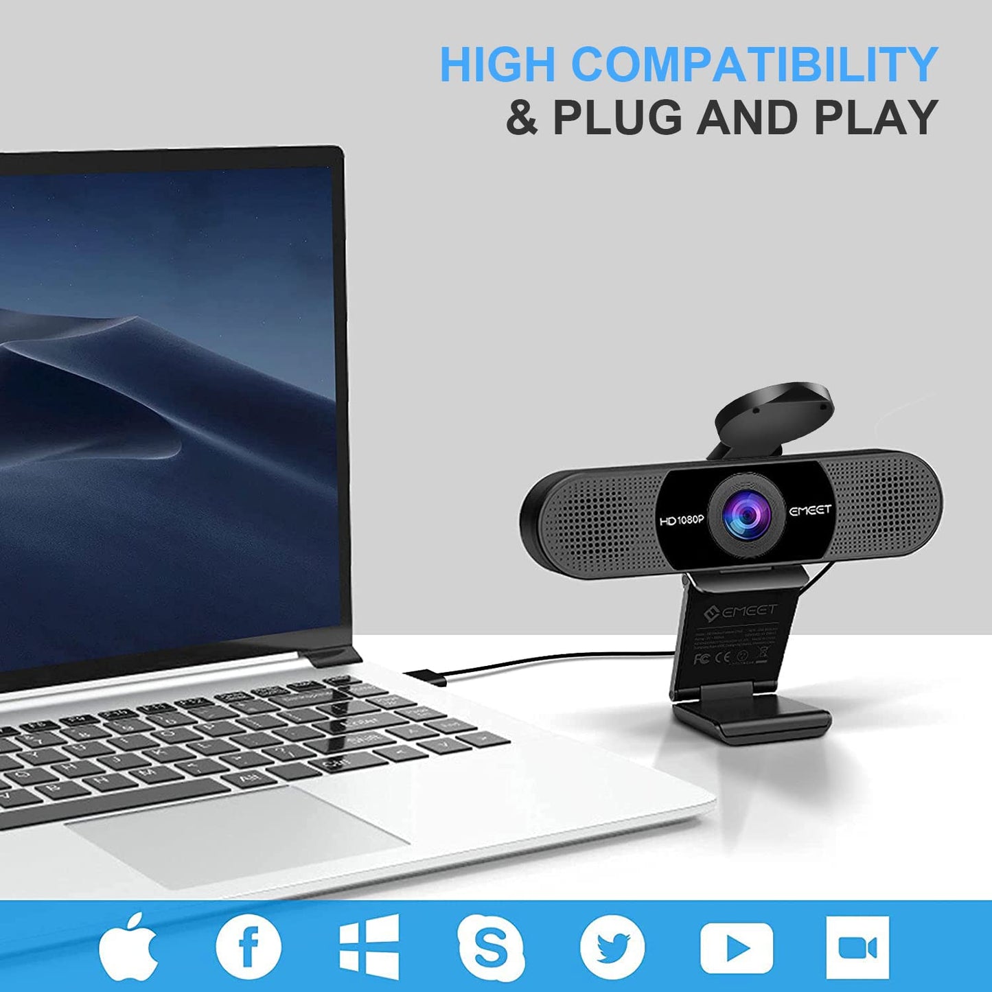 EMEET 1080P Webcam with Microphone, C960 Web Camera, 2 Mics Streaming Webcam with Privacy Cover, 90°View Computer Camera, Plug&Play USB Webcam for Calls/Conference, Zoom/Skype/YouTube, Laptop/Desktop