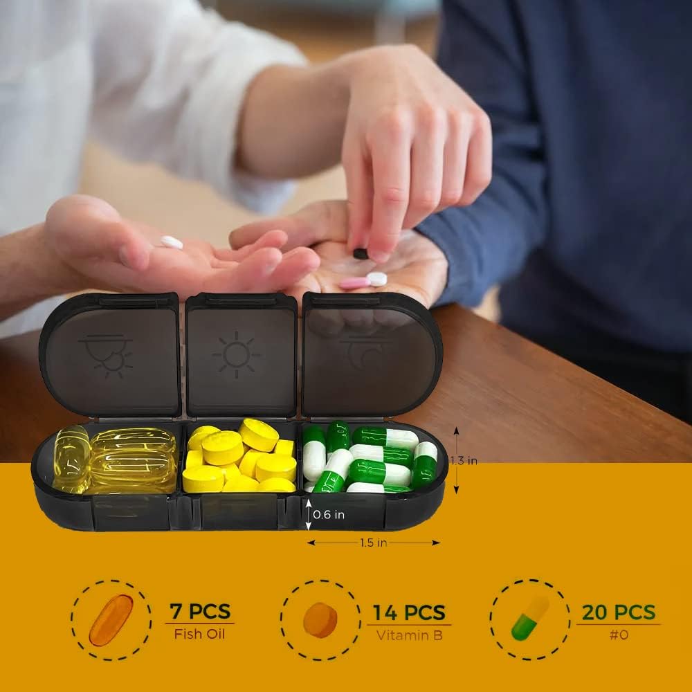 Portable Pill Organizer 3 Times in Day for 1 Week - Light-Proof for Travel, Daily Use, Portable Pill Box - Case for Multi Vitamins, Pills, Medicine, Fish Oils, Supplements (Black)