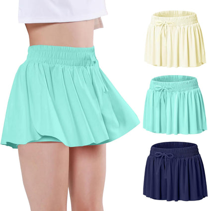 EXARUS Girls Flowy Butterfly Shorts Athletic 2 in 1 Running Skirt Shorts Cheer Tennis Dance Preppy Kids Clothes 6-14Y