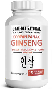 Oladole Naturals Korean Panax Ginseng- 120 Vegan Capsule | Supports Energy, Performance, Focus, Extra Strength, Potency, Improve Blood Flow With High Ginsenosides | For Mem & Women