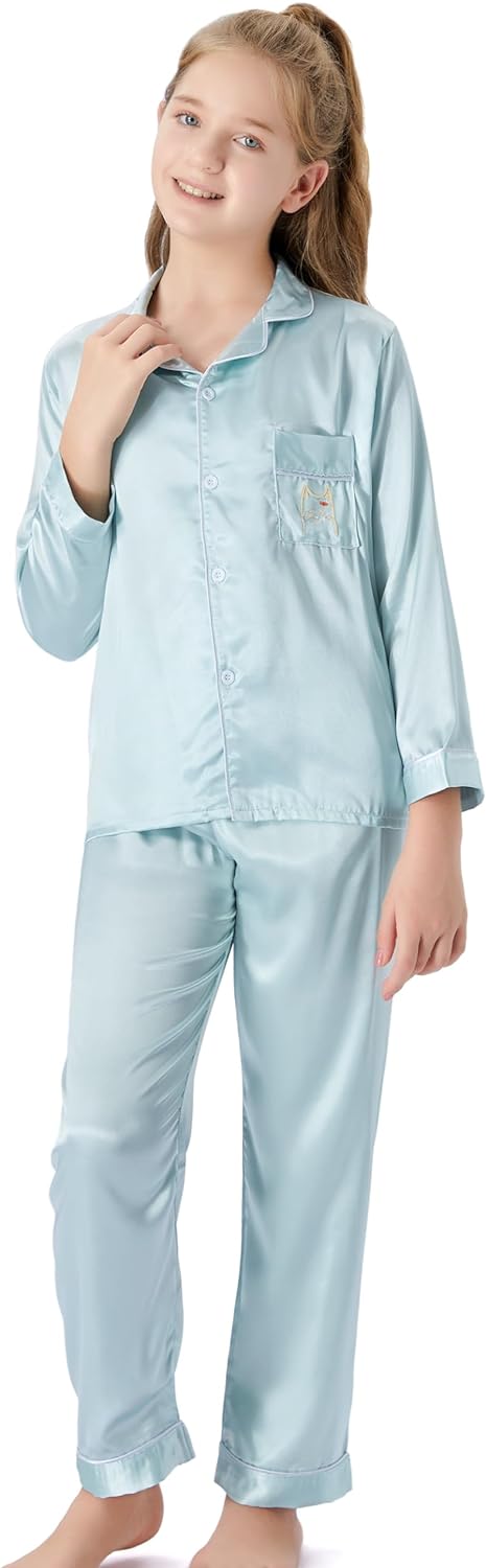 Satin Pajamas for Girls – Coat Style Unicorn Long Sleeve Silk Button Down PJ Set Size 6-16