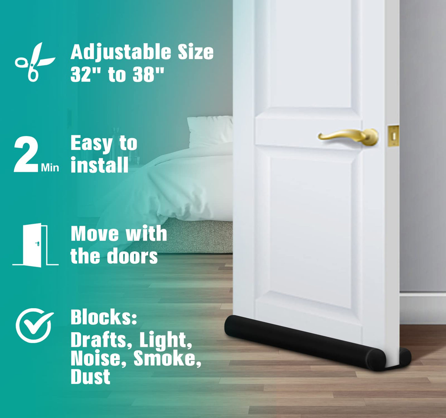 MAXTID Under Door Draft Blocker Black Door Draft Stopper 32-38" Reduce Noise Breeze Cold Air Blocker Adjustable Door Seal Sweep Sound Proof