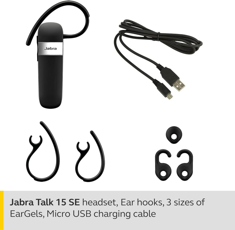 Jabra Talk 15 SE Mono Bluetooth Headset - Wireless Single Ear Headset with Built-In Microphone, Media Streaming and up to 7 hours Talk Time - Black