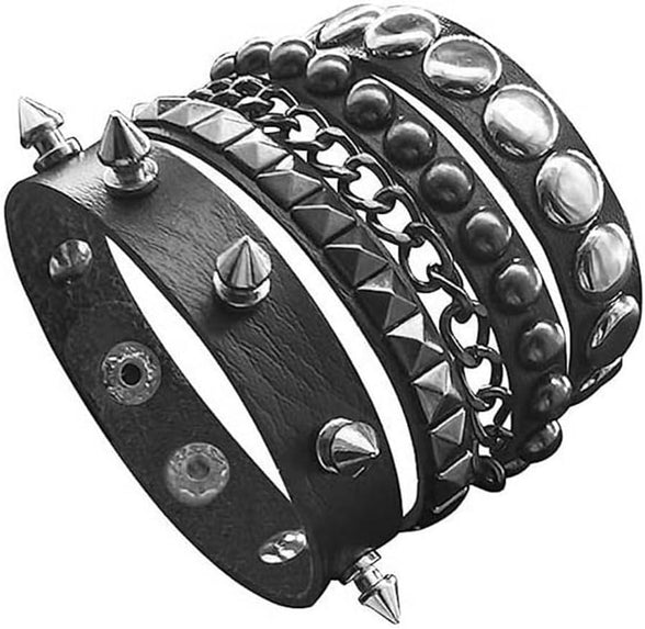 Punk Bracelet for Men Women - Goth Black Leather Wristband with Metal Studded - Spike Rivets Cuff Bangle