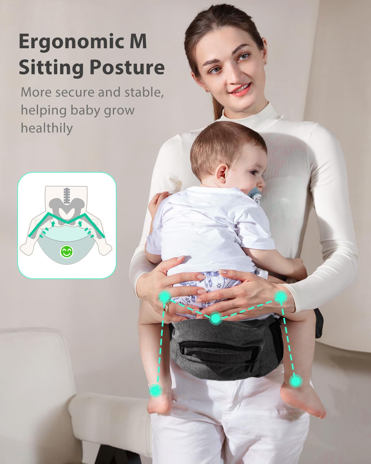 Baby Hip Seat Carrier, GROWNSY Ergonomic Hip Seat Baby Carrier with Multiple Pockets, Adjustable Extended Waistband for Newborns & Toddlers up to 50 lbs, Grey