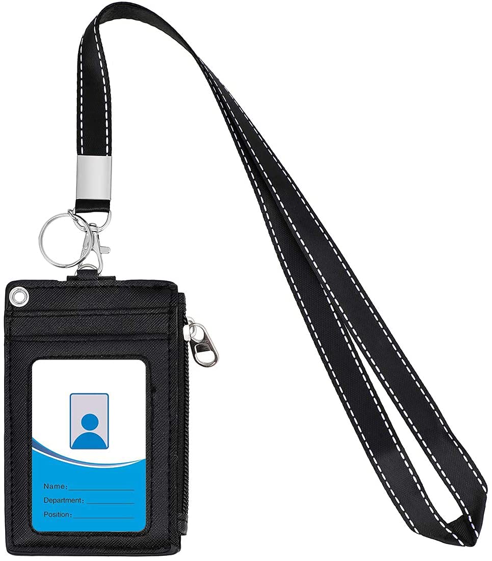 Badge Holder with Zipper, DELFINO Cute Id Badge Holder Wallet Leather Credit Card Holder Zipper Wallet with Lanyard, 2 Sided 5 Card Slots and Key Chain for Boys and Girls, Men and Women, Office Staff