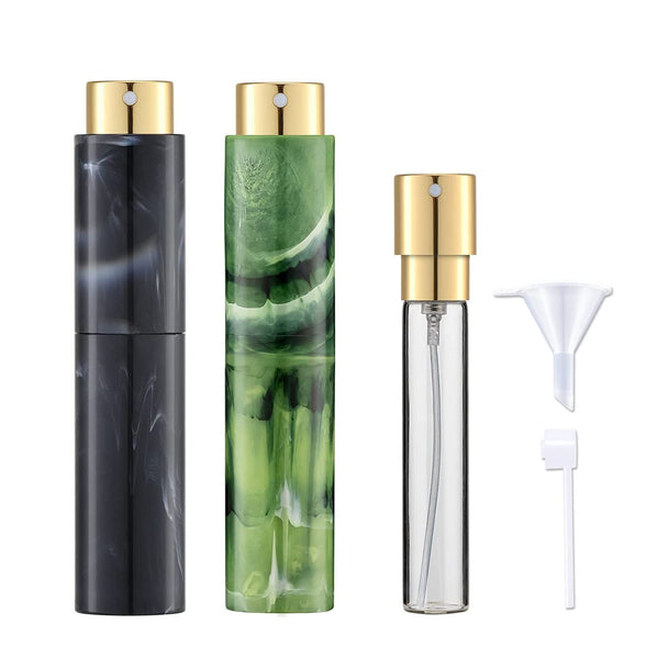 Saien-E 10ML Mini Perfume Atomizer Bottle, 2Pcs Refillable Travel Size Empty Perfume Sprayer with Funnel, Distributor, Dropper, Marble Pattern Portable Spray Bottle for Women&Men