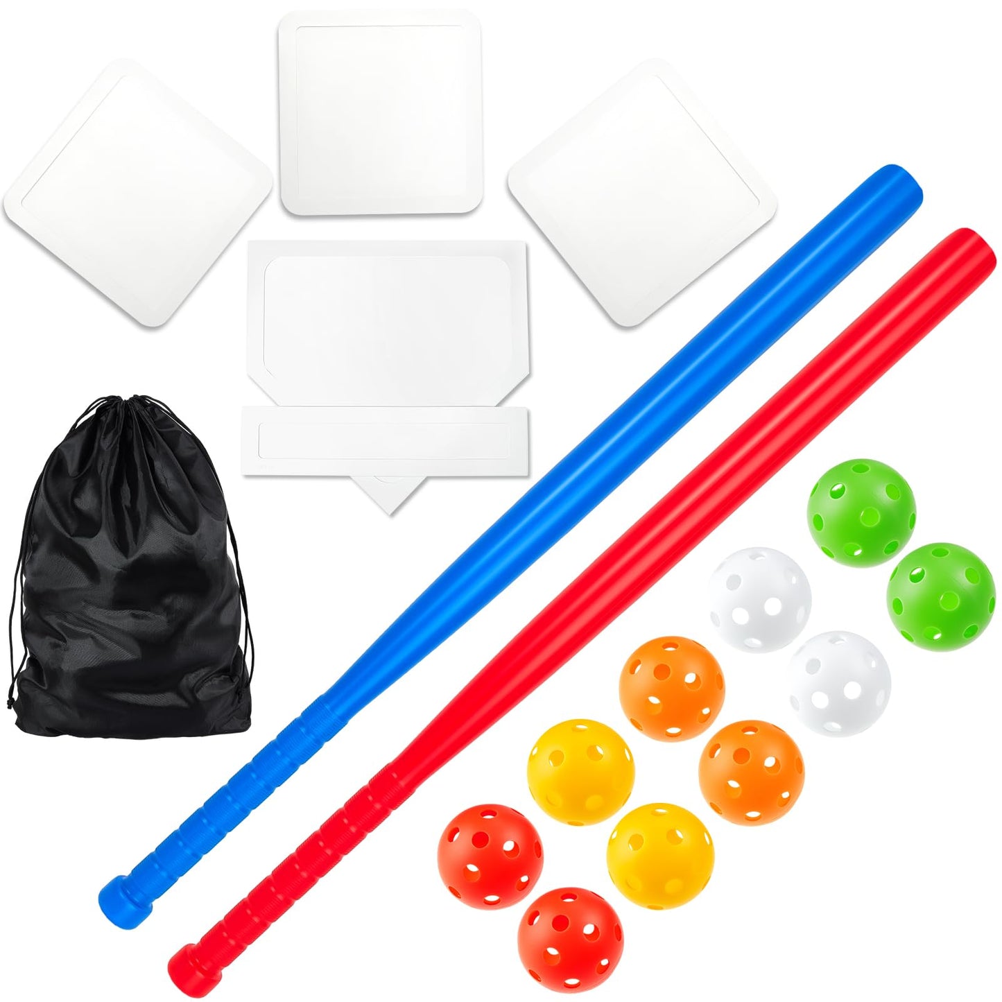 Tradder 17 Pcs Plastic Baseball Bat Kids Plastic Baseball Ball Throw Rubber Base Set with 1 Storage Bag Baseball Home Plate Lightweight Kids Bat for Indoor Outdoor, 2.83 Inches Diameter, 3 Colors