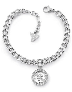Guess Women's Guess My Feelings Stainless Steel Silver Curb Chain Charm Bracelet, Small