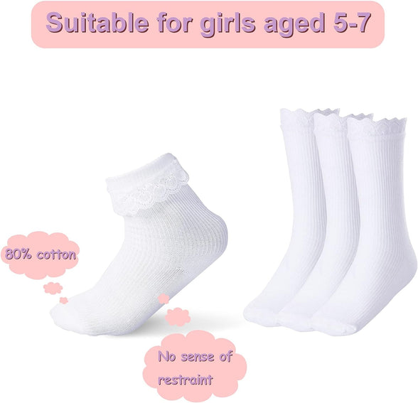 SATINIOR 6 Pairs Girls Ruffle Socks White Girls Eyelet Lace Sock Ruffled Girls Dress Socks for Girl Toddler Girl Socks