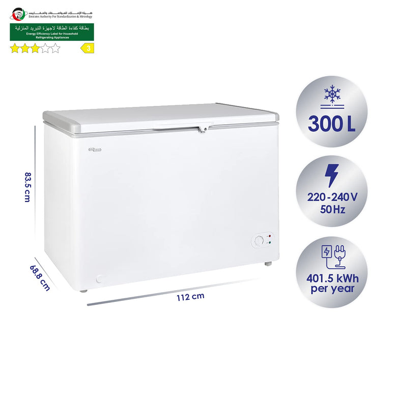 Super General Chest-Freezer 350 Liter Gross Volume, SGF-344-H, White, Rectangular Deep-Freezer with Storage-Basket, Lock & Key, Wheels, 112 x 68.8 x 83.5 cm, 1 Year Warranty