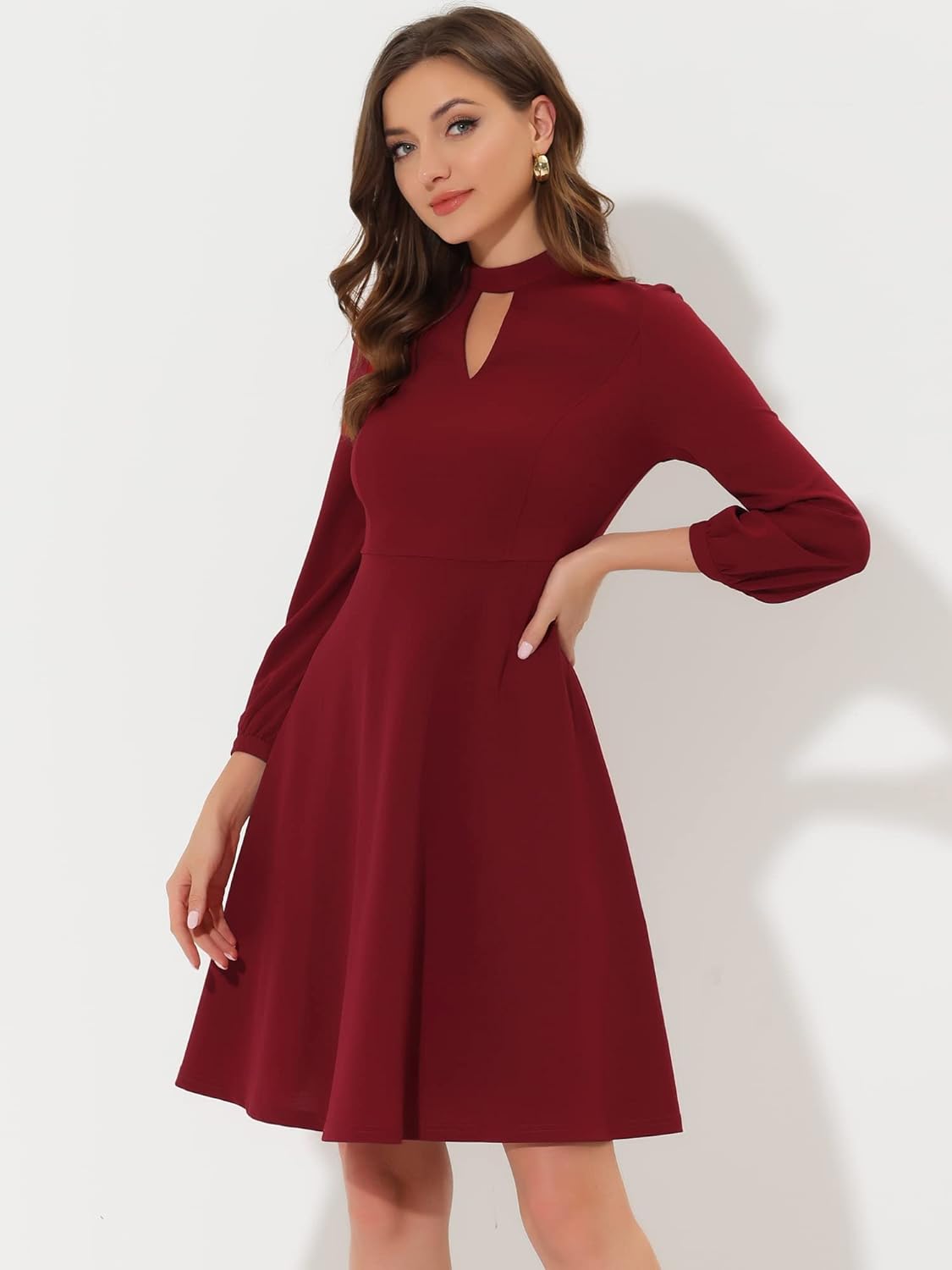 Allegra K Women's Mock Neck Keyhole 3/4 Sleeve A-line Knit Office Cocktail Dress