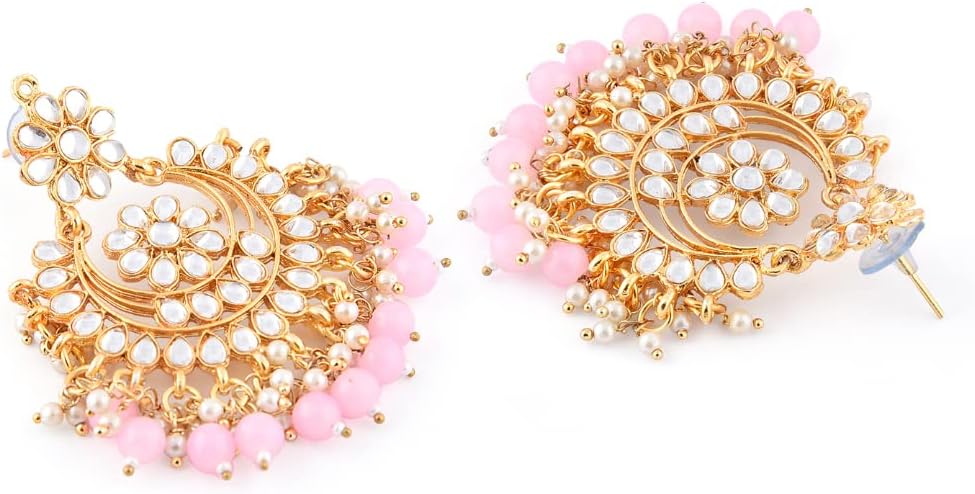 ZAVERI PEARLS Gold Tone Traditional Kundan & Pink Beads 22K Metal Gold Plated Chandbali Earring For Women-ZPFK8663