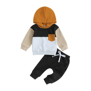 BeQeuewll Fall Winter Toddler Baby Boy Clothes 2Pcs Color Block Crewneck Sweatshirt and Sweatsuit Little Boy Clothing   0-6 Monts