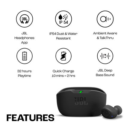 JBL Wave Buds True Wireless Earbuds with Deep Bass, Comfortable Fit, 32H Battery, Smart Ambient Technology, Hands-Free Call, Water and Dust Resistance - Black (Model: JBLWBUDSBLK)