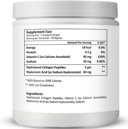 Natrolina Marine Sourced Collagen Peptides Powder Unflavored 201g with Hyaluronic Acid + Vitamin C | Collagen Powder Supplement Supports Healthy Skin, Nail, Hair, Bones, Joints & Anti Aging