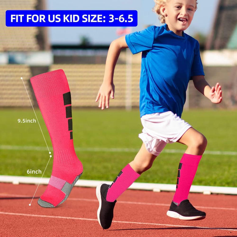 Kids Athletic Soccer Socks, 2 Pairs Knee High Socks for Youth Boys Girls for Shoe Size 3-6.5 / Ages 6-12