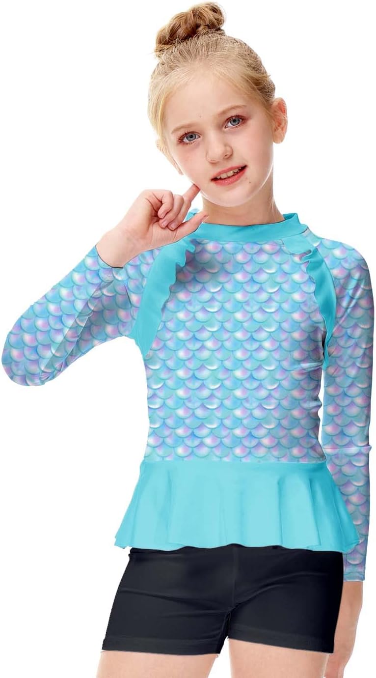 AOBUTE Girls Rash Guard Shirt Raglan Long Sleeve Ruffle Hem Swim Tops 3-12 Years