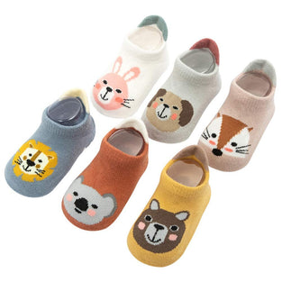 ELECDON Baby Non Slip Warm Socks, ELECDON 6 Pairs Baby Non Slip Grip Cotton Cartoon Animal Ankle Socks with Non Skid Soles for Newborn Toddler Boy Girl, 18 Months, Multi