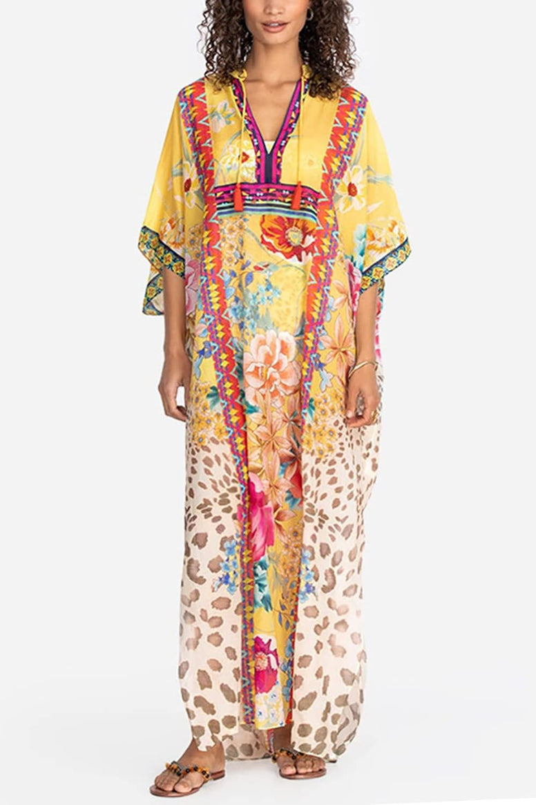 YouKD Maxi Dress V-Neck Kaftan Boho Robes Beach Cover-ups Dress Maxi Garment for Women