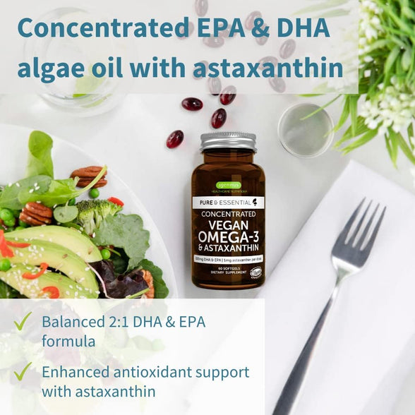 Pure & Essential Vegan Omega 3 & Astaxanthin, High Concentration EPA DHA Algae Oil, Sustainable & Pure, 600mg DHA & EPA for Heart, Brain & Eye Health, 60 Small Softgels