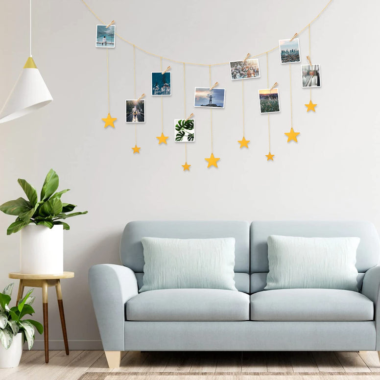 Hanging Photo Display, Boho Decor Wooden Stars Garland with Metal Chains Picture Frame Collage with 30 Wood Clips for Teen Girl Room, Bedroom, Dorm, Home, Party Decor (200 cm)